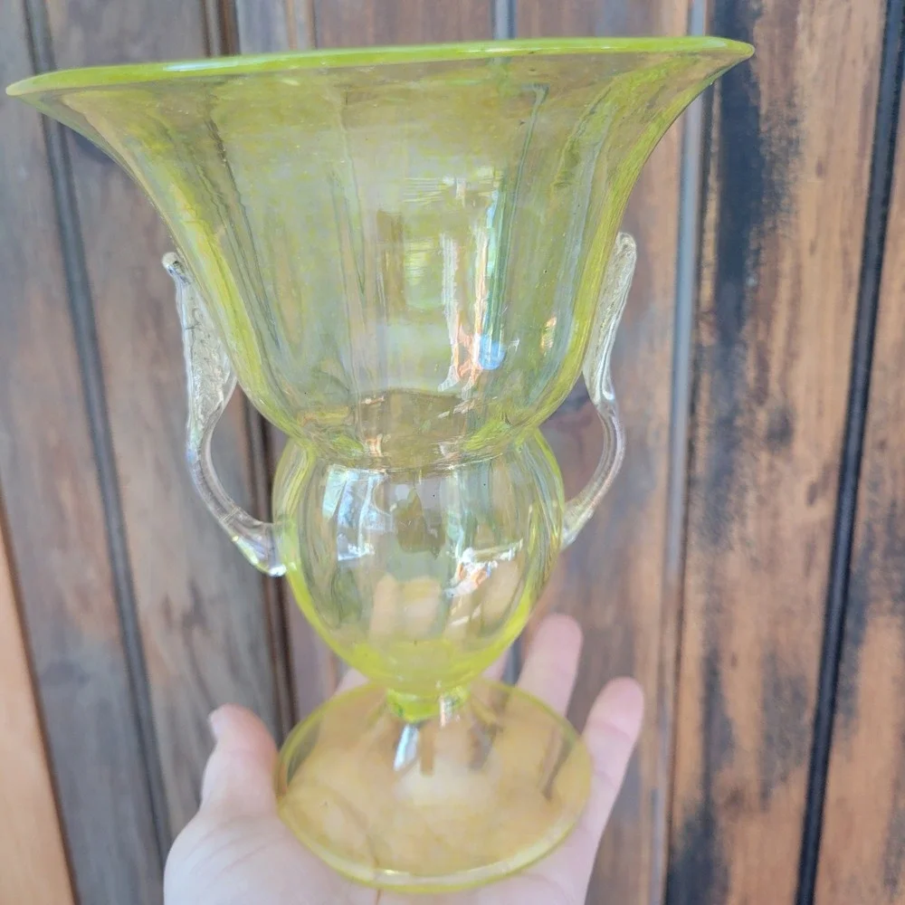 Vintage Yellow Blown Glass Trophy‎ Vase MCM Clear Leaf Handles 6.75in Art Glass